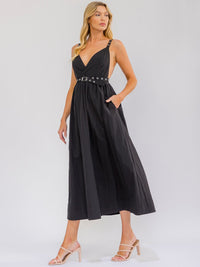 WOMEN'S SLEEVELESS SURPLICE FRONT POCKETS ELASTIC WAIST OPEN BACK MAXI DRESS