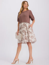 WOMEN'S SHORT SLEEVE CONTRAST FRONT POCKETS COLORBLOCK FLORAL MINI DRESS