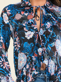 ENTRO WOMEN'S LONG BELL SLEEVE FRONT TIE FLORAL PRINT BLOUSE