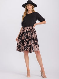WOMEN'S SHORT SLEEVE CONTRAST FRONT POCKETS COLORBLOCK FLORAL MINI DRESS