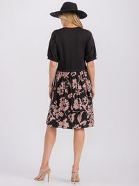 WOMEN'S SHORT SLEEVE CONTRAST FRONT POCKETS COLORBLOCK FLORAL MINI DRESS