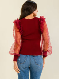 ENTRO WOMEN'S LONG SLEEVE RUFFLE MESH CONTRAST BLOUSE