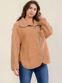 WOMEN'S LONG SLEEVE BUTTON CLOSURE FRONT POCKET FLORAL SHERPA JACKET