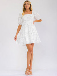 WOMEN'S SHORT PUFF SLEEVE SQUARE NECK SMOCK FRONT POCKETS POLKA DOTS MINI DRESS