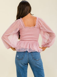 ENTRO WOMEN'S LONG SLEEVE SQUARE NECK SMOCK MESH CONTRAST PEPLUM BLOUSE