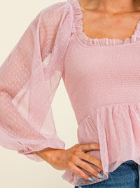 ENTRO WOMEN'S LONG SLEEVE SQUARE NECK SMOCK MESH CONTRAST PEPLUM BLOUSE