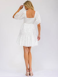 WOMEN'S SHORT PUFF SLEEVE SQUARE NECK SMOCK FRONT POCKETS POLKA DOTS MINI DRESS