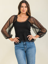 ENTRO WOMEN'S LONG SLEEVE SQUARE NECK SMOCK MESH CONTRAST PEPLUM BLOUSE
