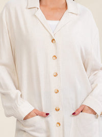 *****WOMEN'S LONG SLEEVE V-NECK BUTTON UP FRONT POCKETS LINEN MINI DRESS