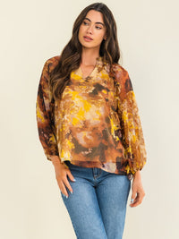 ENTRO WOMEN'S LONG SLEEVE V-NECK FLORAL PRINT BLOUSE