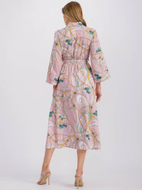 WOMEN'S LONG SLEEVE BUTTON CLOSURE SELF TIE PRINTED MIDI DRESS