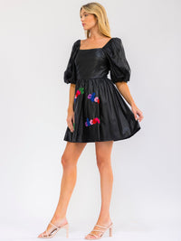 WOMEN'S SHORT PUFF SLEEVE SQUARE NECK CHEERS PU PLEATHER MINI DRESS