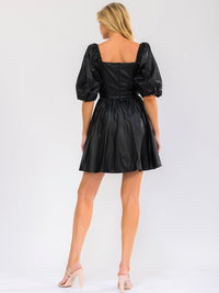WOMEN'S SHORT PUFF SLEEVE SQUARE NECK CHEERS PU PLEATHER MINI DRESS