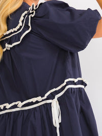 WOMEN'S SHORT PUFF SLEEVE BUTTON UP RUFFLE MINI DRESS