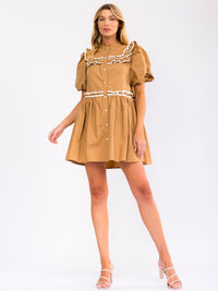 WOMEN'S SHORT PUFF SLEEVE BUTTON UP RUFFLE MINI DRESS