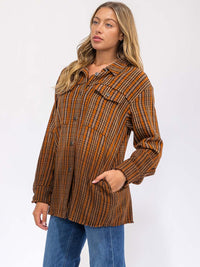 WOMEN'S LONG SLEEVE BUTTON UP FRONT POCKET PLAID SHACKET