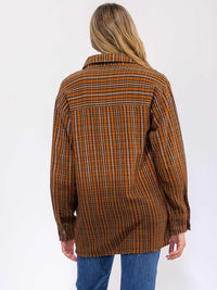 WOMEN'S LONG SLEEVE BUTTON UP FRONT POCKET PLAID SHACKET