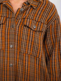 WOMEN'S LONG SLEEVE BUTTON UP FRONT POCKET PLAID SHACKET
