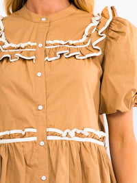 WOMEN'S SHORT PUFF SLEEVE BUTTON UP RUFFLE MINI DRESS
