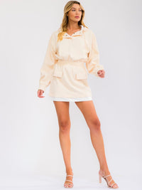WOMEN'S LONG SLEEVE BUTTON UP ELASTIC WAIST HOODED MINI DRESS