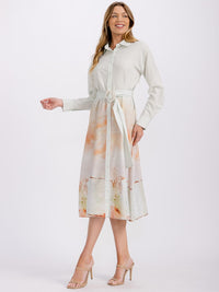 WOMEN'S LONG SLEEVE BUTTON CLOSURE SELF TIE PRINTED MIDI DRESS