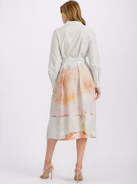 WOMEN'S LONG SLEEVE BUTTON CLOSURE SELF TIE PRINTED MIDI DRESS