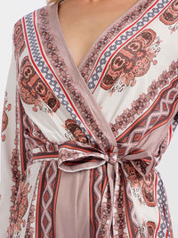 WOMEN'S LONG SLEEVE SURPLICE SELF TIE MULTI PRINT JUMPSUIT