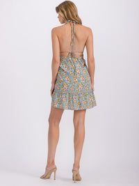 WOMEN'S SLEEVELESS V-NECK HALTER NECK ELASTIC WAIST FLORAL MINI DRESS