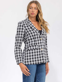 WOMEN'S LONG SLEEVE BUTTON CLOSURE FRONT POCKETS PLAID BLAZER