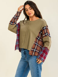 WOMEN'S LONG SLEEVE PLAID CONTRAST TOP