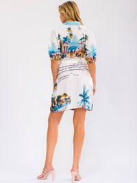 WOMEN'S SHORT SLEEVE BUTTON UP SELF TIE FRONT POCKETS MULTI PRINT MINI DRESS