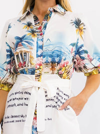 WOMEN'S SHORT SLEEVE BUTTON UP SELF TIE FRONT POCKETS MULTI PRINT MINI DRESS