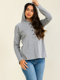ENTRO WOMEN'S LONG SLEEVE BUTTON UP STRIPES HOODED TOP