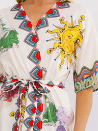 WOMEN'S SHORT SLEEVE SELF TIE WRAP MULTI PRINT MAXI DRESS