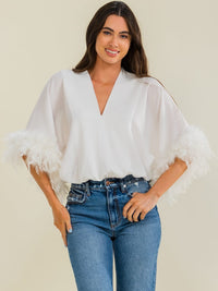 WOMEN'S SHORT TRIM DETAILED SLEEVE SURPLICE SATIN BODYSUIT