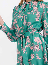 WOMEN'S LONG SLEEVE BUTTON UP SELF TIE FLORAL MINI DRESS