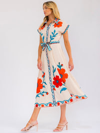 WOMEN'S SHORT SLEEVE SELF TIE BUTTON UP FLORAL PRINT MAXI DRESS