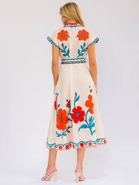 WOMEN'S SHORT SLEEVE SELF TIE BUTTON UP FLORAL PRINT MAXI DRESS