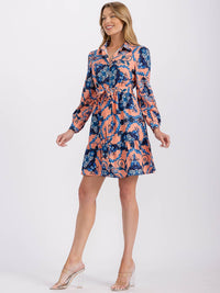 WOMEN'S LONG SLEEVE BUTTON UP SELF TIE MULTI PRINT MINI DRESS
