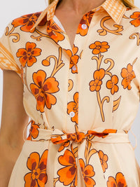 WOMEN'S SHORT SLEEVE SELF TIE BUTTON UP FLORAL PRINT MAXI DRESS