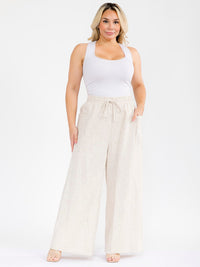 PLUS SIZE ELASTIC WAIST POCKETS WIDE LEG PALAZZO LINEN PANTS