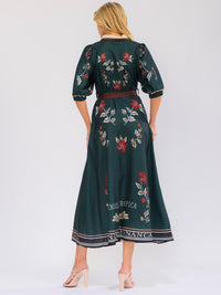 WOMEN'S 3/4 SLEEVE BUTTON UP SELF TIE FRONT POCKETS MULTI PRINT MAXI DRESS