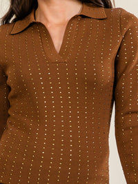 WOMEN'S LONG SLEEVE V-NECK RHINESTONES DETAILED BLOUSE