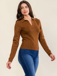 WOMEN'S LONG SLEEVE V-NECK RHINESTONES DETAILED BLOUSE