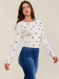 WOMEN'S LONG SLEEVE POM POM RIBBED TOP