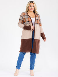 PLUS SIZE LONG SLEEVE OPEN FRONT POCKETS COLORBLOCK PLAID CARDIGAN