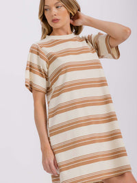 WOMEN'S SHORT SLEEVE COLORBLOCK STRIPES LOOSE FIT MINI DRESS
