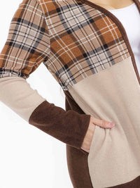 PLUS SIZE LONG SLEEVE OPEN FRONT POCKETS COLORBLOCK PLAID CARDIGAN