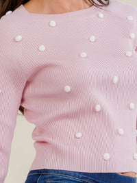 WOMEN'S LONG SLEEVE POM POM RIBBED TOP