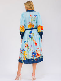 WOMEN'S LONG SLEEVE SELF TIE BUTTON UP MULTI PRINT MIDI DRESS